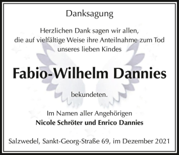 Traueranzeige von Fabio-Wilhelm Dannies  von Magdeburger Volksstimme