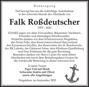 Traueranzeige von Falk Roßdeutscher  von Magdeburger Volksstimme