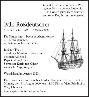 Traueranzeige von Falk Roßdeutscher  von Magdeburger Volksstimme