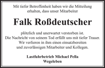 Traueranzeige von Falk Roßdeutscher  von Magdeburger Volksstimme