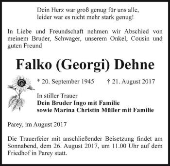 Traueranzeige von Falko (Georgi) Dehne  von Magdeburger Volksstimme