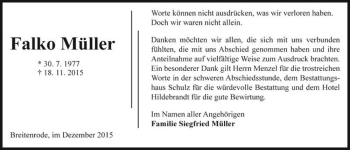 Traueranzeige von Falko Müller  von Magdeburger Volksstimme