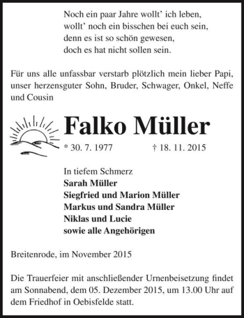 Traueranzeige von Falko Müller  von Magdeburger Volksstimme