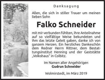 Traueranzeige von Falko Schneider  von Magdeburger Volksstimme