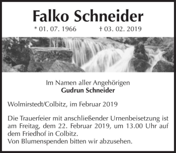 Traueranzeige von Falko Schneider  von Magdeburger Volksstimme