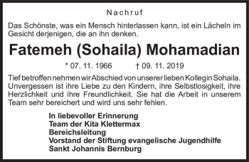 Traueranzeige von Fatemeh (Sohaila) Mohamadian  von Magdeburger Volksstimme