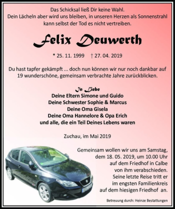 Traueranzeige von Felix Deutwerth  von Magdeburger Volksstimme