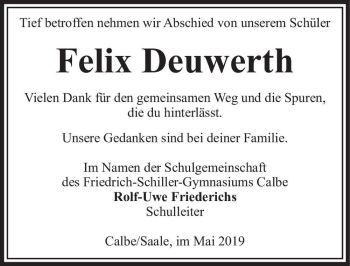 Traueranzeige von Felix Deuwerth  von Magdeburger Volksstimme