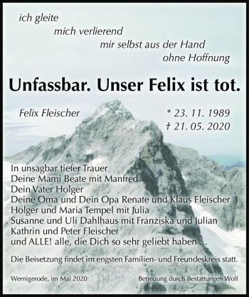 Traueranzeige von Felix Fleischer  von Magdeburger Volksstimme