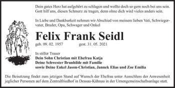 Traueranzeige von Felix Frank Seidl  von Magdeburger Volksstimme