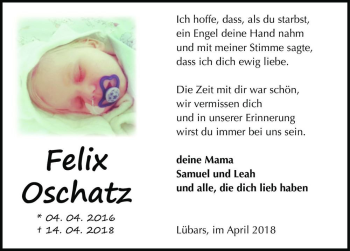 Traueranzeige von Felix Oschatz  von Magdeburger Volksstimme