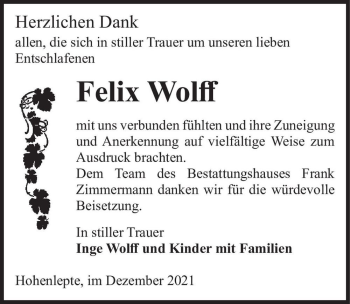 Traueranzeige von Felix Wolff  von Magdeburger Volksstimme
