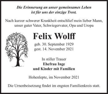 Traueranzeige von Felix Wolff  von Magdeburger Volksstimme