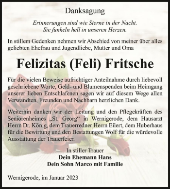 Traueranzeige von Felizitas (Feli) Fritsche  von Magdeburger Volksstimme