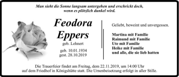 Traueranzeige von Feodora Eppers (geb. Lehnert)  von Magdeburger Volksstimme