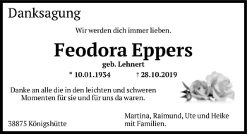 Traueranzeige von Feodora Eppers (geb. Lehnert)  von Magdeburger Volksstimme