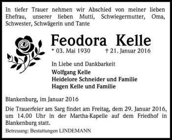 Traueranzeige von Feodora Kelle  von Magdeburger Volksstimme