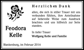 Traueranzeige von Feodora Kelle  von Magdeburger Volksstimme