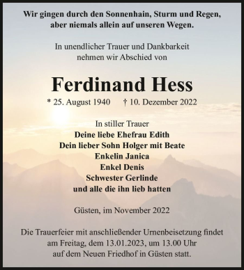 Traueranzeige von Ferdinand Hess  von Magdeburger Volksstimme
