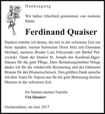 Traueranzeige von Ferdinand Quaiser  von Magdeburger Volksstimme