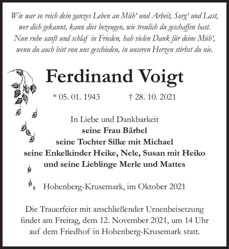  Traueranzeige für Ferdinand Voigt  vom 05.11.2021 aus Magdeburger Volksstimme