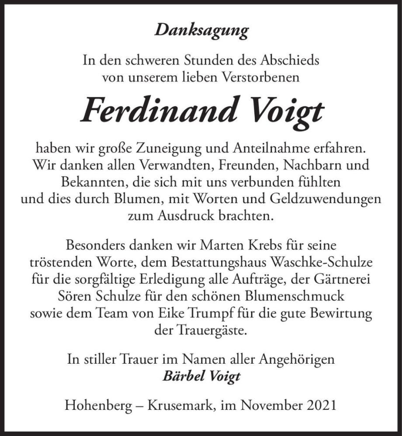  Traueranzeige für Ferdinand Voigt  vom 19.11.2021 aus Magdeburger Volksstimme