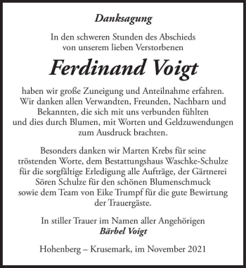 Traueranzeige von Ferdinand Voigt  von Magdeburger Volksstimme