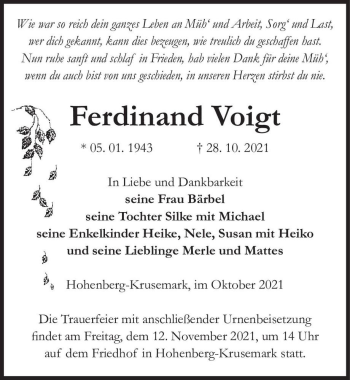 Traueranzeige von Ferdinand Voigt  von Magdeburger Volksstimme