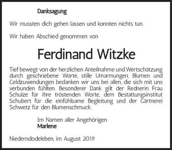 Traueranzeige von Ferdinand Witzke  von Magdeburger Volksstimme