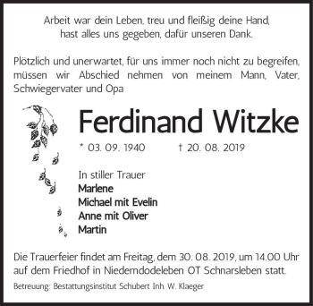 Traueranzeige von Ferdinand Witzke  von Magdeburger Volksstimme