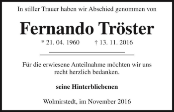 Traueranzeige von Fernando Tröster  von Magdeburger Volksstimme