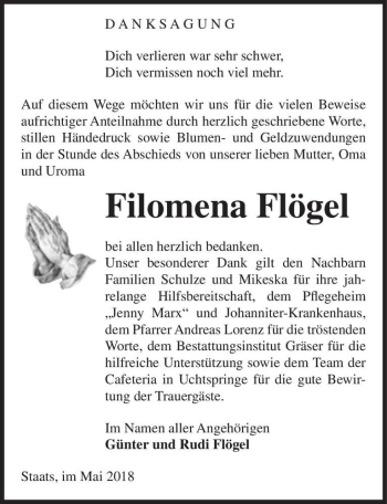 Traueranzeige von Filomena Flögel  von Magdeburger Volksstimme