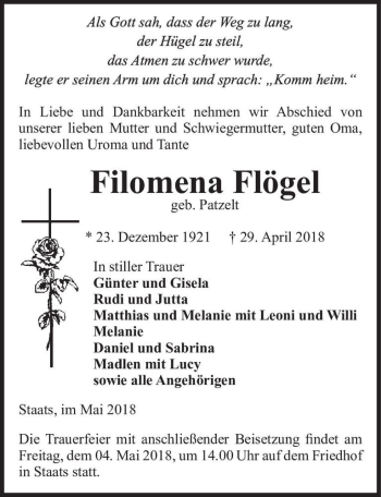 Traueranzeige von Filomena Flögel (geb. Patzelt)  von Magdeburger Volksstimme