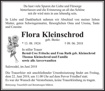 Traueranzeige von Flor Kleinschrod (geb. Buske)  von Magdeburger Volksstimme