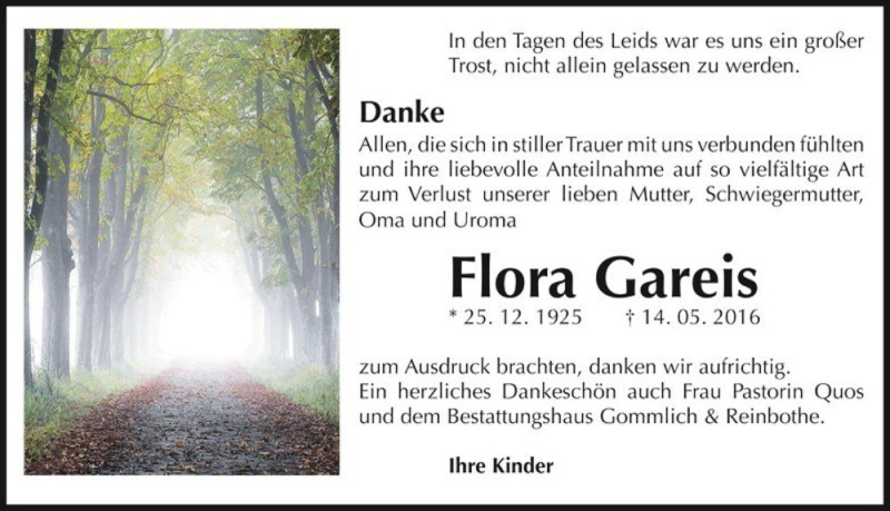  Traueranzeige für Flora Gareis  vom 04.06.2016 aus Magdeburger Volksstimme