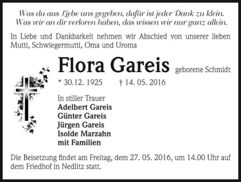 Traueranzeige von Flora Gareis (geb. Schmidt)  von Magdeburger Volksstimme