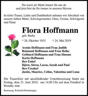 Traueranzeige von Flora Hoffmann (geb. Barby)  von Magdeburger Volksstimme