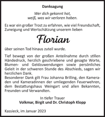 Traueranzeige von Florian  von Magdeburger Volksstimme