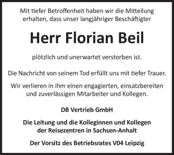 Traueranzeige von Florian Beil  von Magdeburger Volksstimme