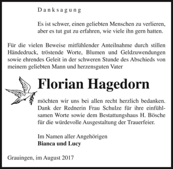 Traueranzeige von Florian Hagedorn  von Magdeburger Volksstimme