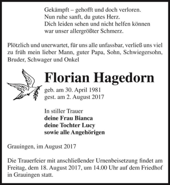 Traueranzeige von Florian Hagedorn  von Magdeburger Volksstimme