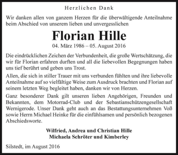 Traueranzeige von Florian Hille  von Magdeburger Volksstimme