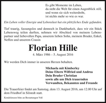 Traueranzeige von Florian Hille  von Magdeburger Volksstimme