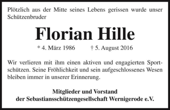 Traueranzeige von Florian Hille  von Magdeburger Volksstimme