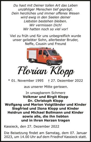 Traueranzeige von Florian Klopp  von Magdeburger Volksstimme