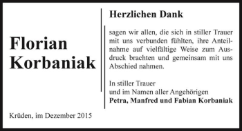 Traueranzeige von Florian Korbaniak  von Magdeburger Volksstimme