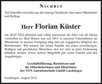 Traueranzeige von Florian Küster  von Magdeburger Volksstimme
