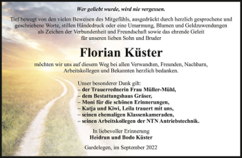 Traueranzeige von Florian Küster  von Magdeburger Volksstimme