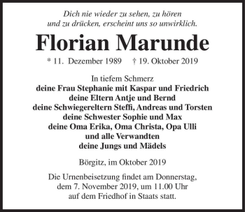 Traueranzeige von Florian Marunde  von Magdeburger Volksstimme