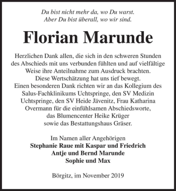 Traueranzeige von Florian Marunde  von Magdeburger Volksstimme